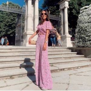 Zara Light Pink Floral High Rise Wide Leg Pants M